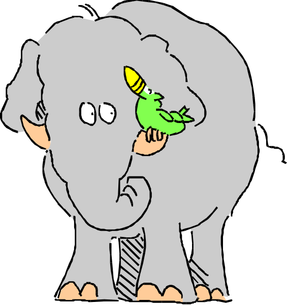 The image shows a cartoon of an elephant with two birds on its back; it is standing next to another smaller elephant that has one bird perched atop each ear.