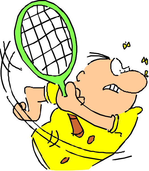 The cartoon shows a character playing tennis with an exaggerated swing of their racket.