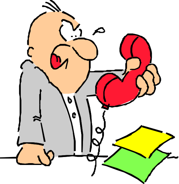 The cartoon shows a man holding up an old red telephone to his ear while standing at a desk with papers on it; he is wearing glasses and has gray hair.