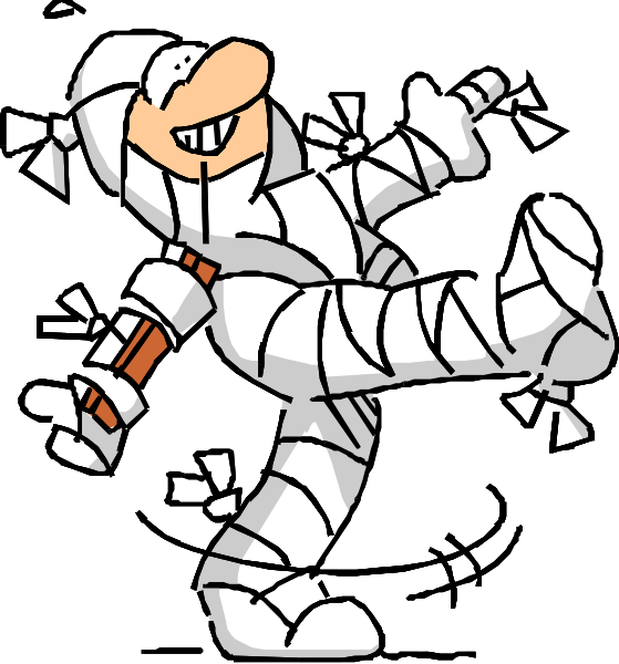 The image shows a cartoon character that appears to be an animated ninja with bandages on its body standing next to another figure who is holding what looks like two swords crossed in front of them; both characters seem to have black and white color schemes, suggesting it might represent good versus evil or some sort of conflict.