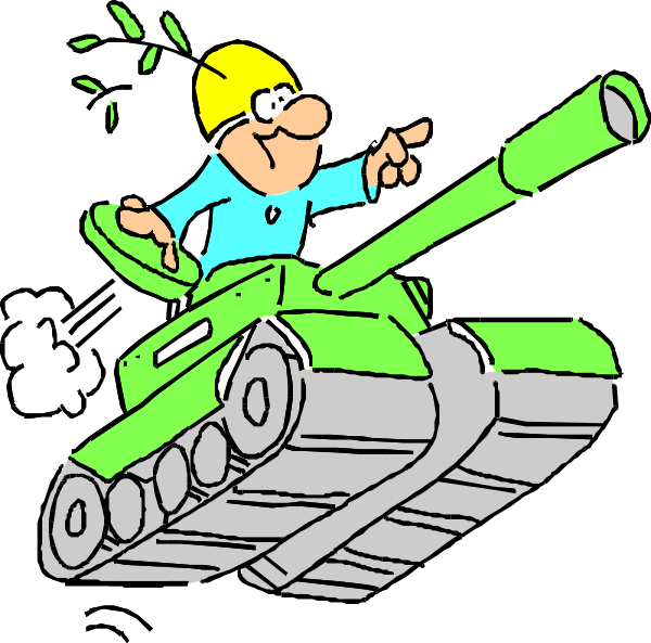The cartoon shows a man sitting on top of an army tank with his hand pointing upwards towards it as if directing its movement; he is wearing sunglasses and has blue hair.