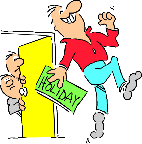 The cartoon shows a man running towards an open door with his arms outstretched as if he's excited to go on vacation for Christmas holiday.