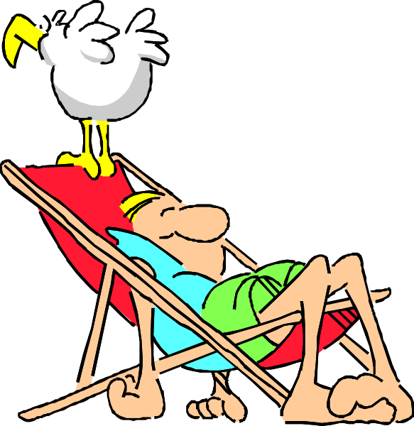 The image shows a cartoon of an animated man sitting on a lawn chair with his feet up while holding onto a bird perched nearby; in another frame he is lying down under umbrella shade next to a dog, and finally resting atop a rocket ship-shaped bed or couch.