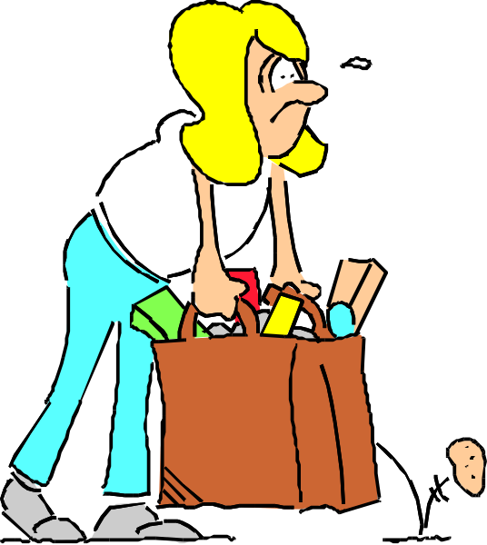 The cartoon shows a woman with blonde hair leaning over to pick up items from her brown shopping bag while standing on what appears to be an escalator in front of a black background.