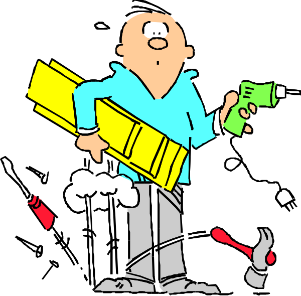 The cartoon shows a man holding an open briefcase with money spilling out onto his feet while he is surrounded by various tools like hammers and wrenches scattered around him on what appears to be a construction site, suggesting that something has gone wrong or unexpected during work.