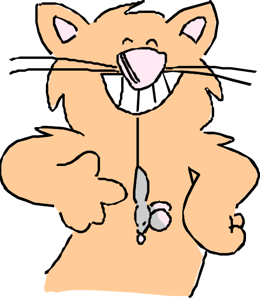 The cartoon features a cat with an exaggerated smile standing upright on its hind legs against a plain background.