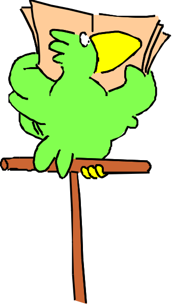 The image shows a colorful parrot perched on an open book with pages facing outward; it appears to be reading from one of them while standing atop another closed book that is also colored green.