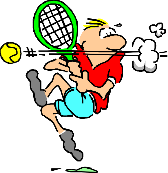 The image shows a cartoon of an animated character playing tennis with two rackets; there is no text present on this clip-art illustration.