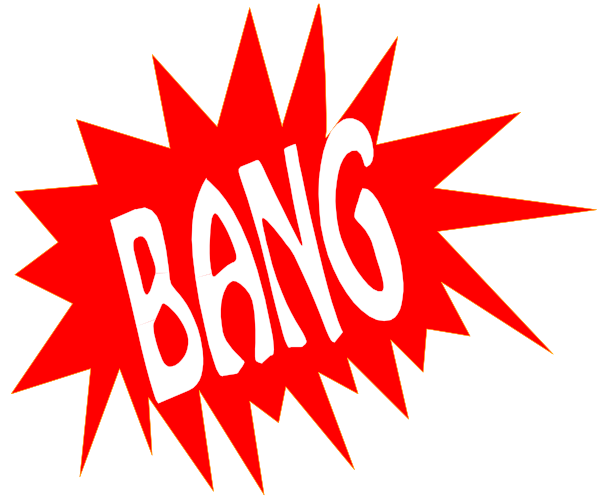 The image shows two comic book sound effects: "BANG" on top left corner with a red explosion effect behind it; "BOOM!" in bottom right corner also accompanied by an orange explosion graphic.