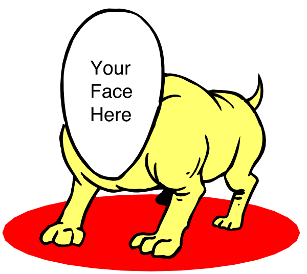 The image shows a yellow dog with text overlaying its face that reads "YOUR FACE HERE" in white font on top of another layer of red rectangles containing more text which says "FACE YOUR FEARS." Below this, there is an additional line saying "Your fear here," and the background features two black circles.
