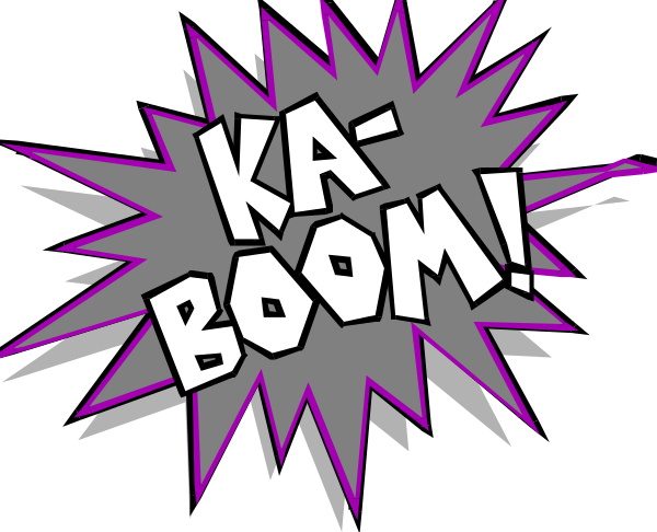 The image shows a purple explosion with two comic speech bubbles above it; on top is "Ka-boom!" in white text inside an orange outline, while below that reads "BOOM" in larger red letters within a yellow circle bursting from the center of the explosion.