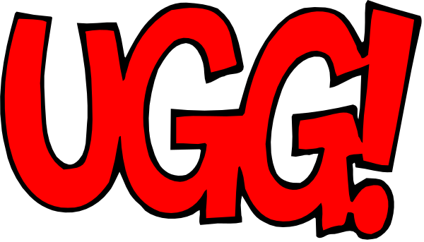 The image shows a black background with white text that reads "HUGG!" at the top left corner and red exclamation marks around it in various sizes on both sides of the word.