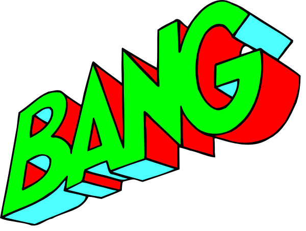 The image shows a graphic with text that reads "BANG" on top of an illustration resembling comic book lettering in various styles; it is set against a dark background.