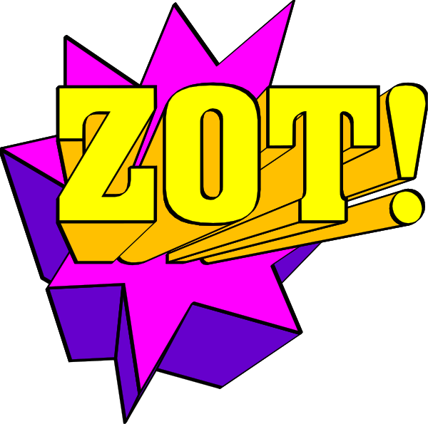 The image shows a graphic with text that reads "ZOT!" which appears to be an exclamation of surprise or excitement in bold yellow letters against a black background at the bottom right corner.