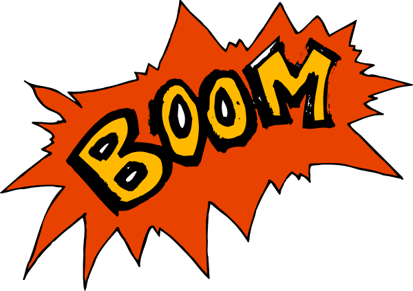 The image shows a comic book explosion with text that reads "BOOM" above it.