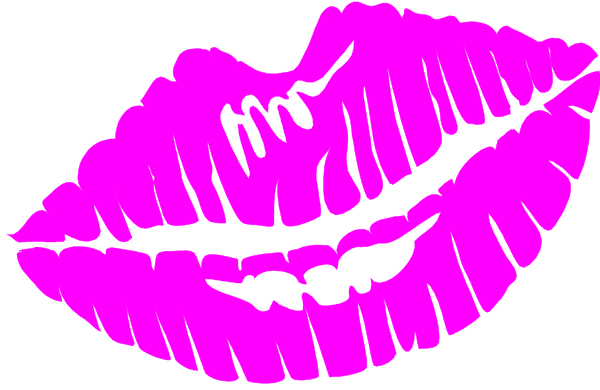 The image shows a pink lipstick kiss mark with white teeth on it against a black background.