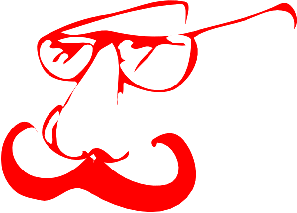 The image shows a black silhouette of an iconic character with exaggerated facial features such as mustache and glasses against a white background.