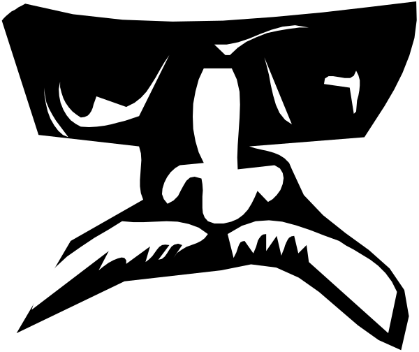 The black and white silhouette of a man's face with an exaggerated mustache is shown against a dark background in this clip-art image.