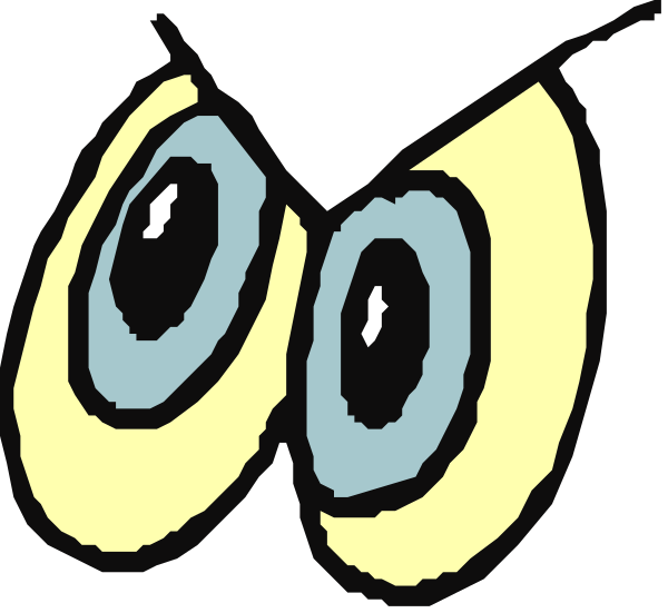 The image shows a cartoon of two eyes with eyebrows above them against a black background.