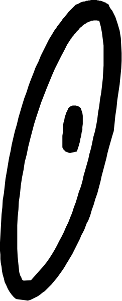 The image shows a closeup of an eye peeking out from behind what appears to be a black object with white markings on it.