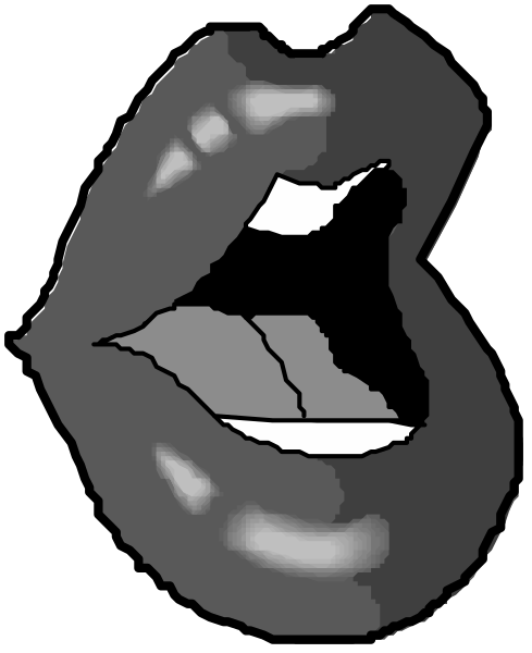 The image shows a black lipstick drawing of an open mouth with teeth visible inside it against a white background.