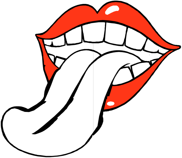 The image shows a cartoon tongue sticking out of an open mouth with lips drawn around it against a black background.