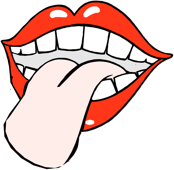 The image shows a cartoon of an open mouth with red lips on top against a black background; there is also a small pink tongue sticking out from between two white teeth in front of it.