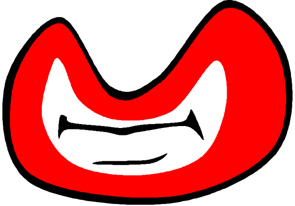 The image shows a cartoon face with exaggerated features such as large eyes and an open mouth displaying teeth, set against a white background.
