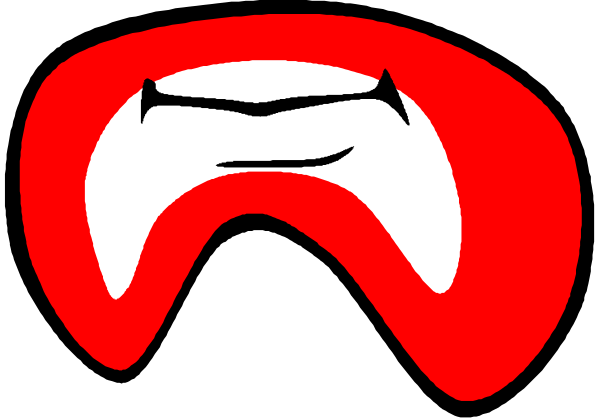 The image shows a pair of red goggles with black straps featuring white teeth on either side against a gray background.