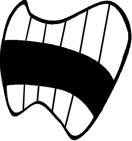 The black and white logo of a guitar pick with teeth marks on it next to an icon that resembles a toothbrush bristle pattern.