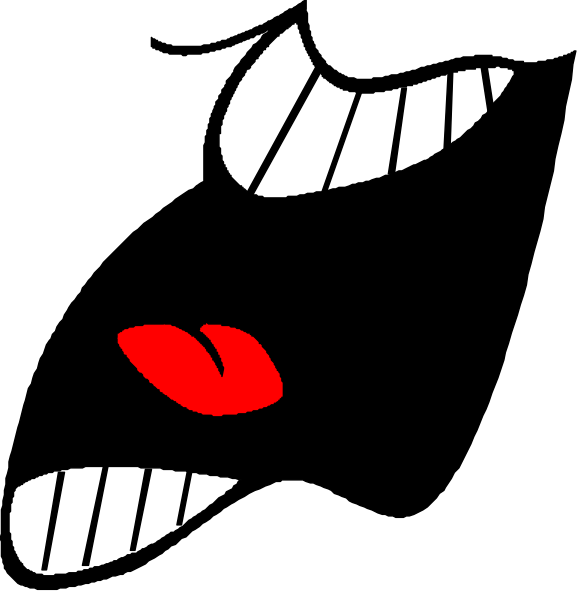 The images show a sequence of three black silhouettes with red lips against white backgrounds:

1) A smiling face on top left corner; 2) An angry mouth in middle right corner; 3) Another smiley face at bottom center, but this one has an additional element that looks like teeth. The style is minimalistic and cartoonish. There are no other objects or people visible within the images provided. No actions can be discerned from these static silhouettes without more context about their movement in a sequence of frames.