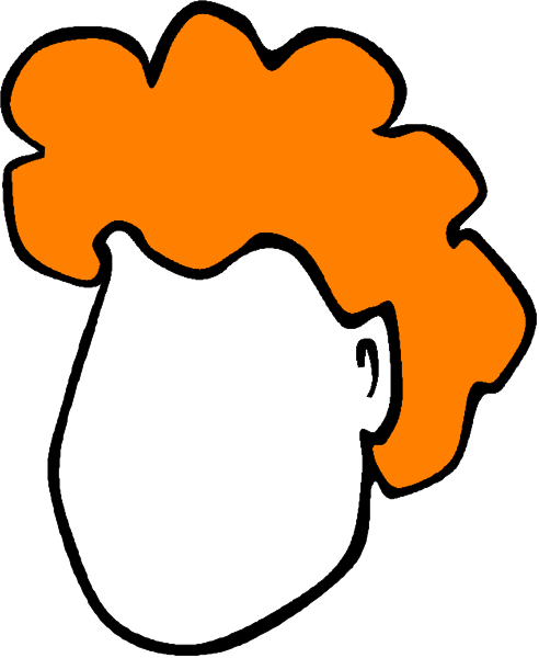 The image shows a cartoon of an orange haired man with glasses on his head against a black background.