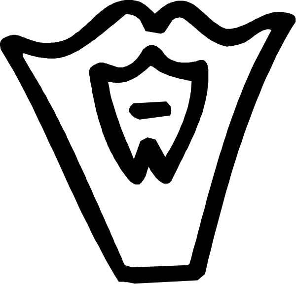 The logo of a company with an emblem that resembles a shield on top featuring what appears to be two crossed swords in front of it.