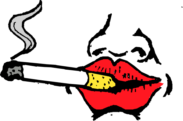 The black and white cartoon depicts a cigarette with lips drawn on it being smoked by an unseen person; there is no text present in this image.