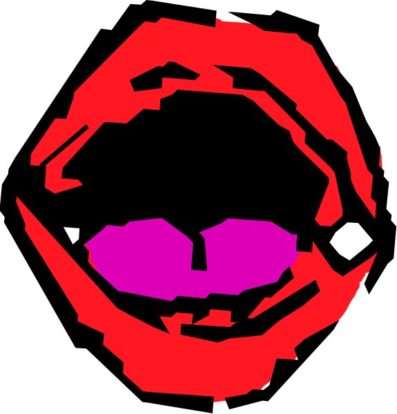 The image shows a red lipstick drawing with two lips open wide to reveal teeth inside them against black backgrounds; there is no additional context provided in this clip-art format.