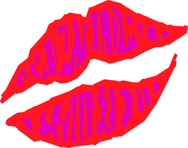 The image shows a red lipstick kiss mark on top of two lips with pink gloss against a black background.