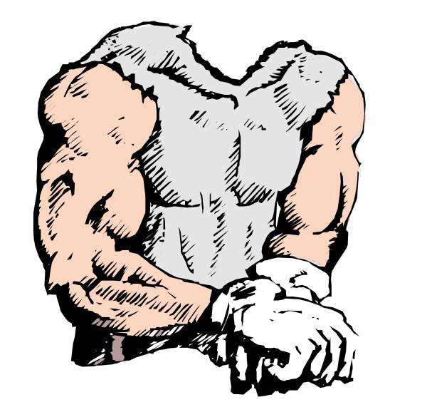 The black and white illustration shows a muscular man with his arms crossed over his chest standing against a dark background.