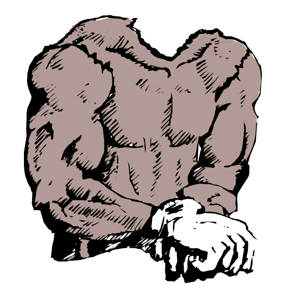 The black and white illustration shows a muscular man with his arms crossed over his chest against a dark background.