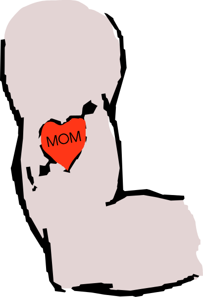 The image shows a black silhouette of an adult sitting on top of another smaller figure that appears to be a child's chair with legs crossed at the knees; there is no face detail in either figure, and between them rests what seems like a heart-shaped object or decoration bearing text.