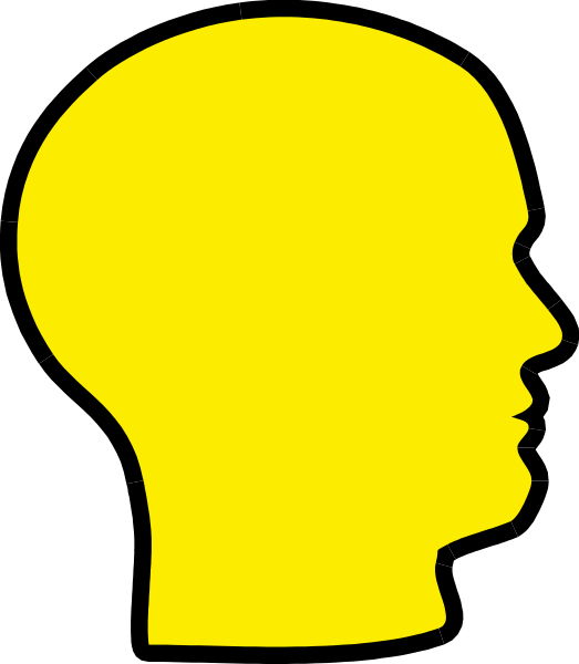The image shows a yellow silhouette of an adult male head with facial features such as eyes, nose, mouth, ears, hairline, eyebrows, cheekbones, chin, neck, shoulders, torso and arms against a black background.