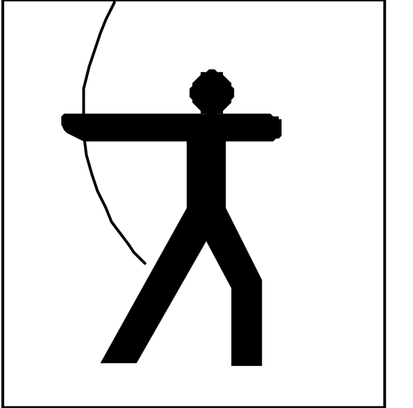 The black and white silhouette of a person holding an arrow with their right hand while standing next to what appears to be a target on a wall in front of them.