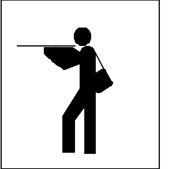 The black and white silhouette of a person holding an umbrella pointing upwards with their hand on hip while standing next to signage that includes arrows indicating directions for parking spaces in front of building entrances, suggesting it's located near a public facility or institution like a library or museum.