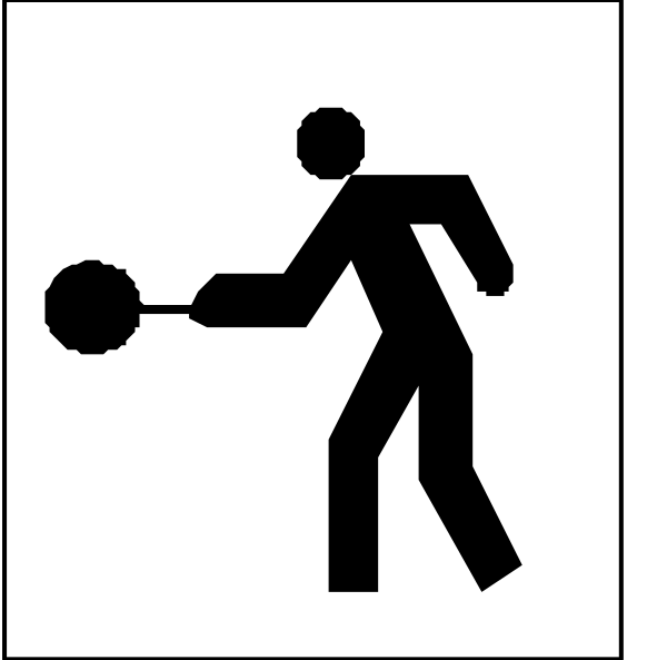 The black silhouette of a person playing tennis with an oversized racket on what appears to be a sign indicating that it is illegal for children under 16 years old to play there due to safety concerns, as indicated by text in another language beneath them.