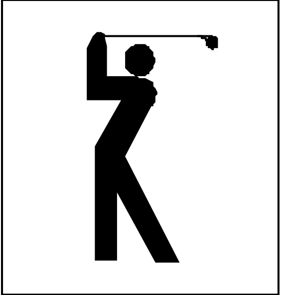 The image shows a black silhouette of an adult male golfer swinging at a ball with his right arm extended forward in front of him; he is wearing shorts and has no visible facial features due to being stylized as a simple outline without shading or color detail, set against the background that resembles a sign.