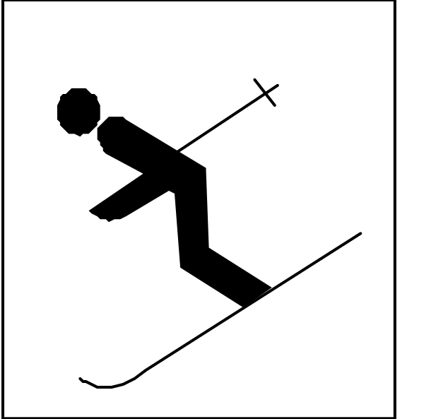 The black and white icon depicts a skier going downhill on snowy terrain with ski poles crossed behind them; there is also an arrow pointing upwards to indicate direction of movement.