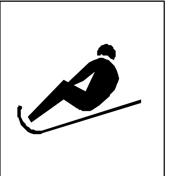 The black and white icon shows a person skiing downhill with skis crossed over their feet on an incline against a snowy background.