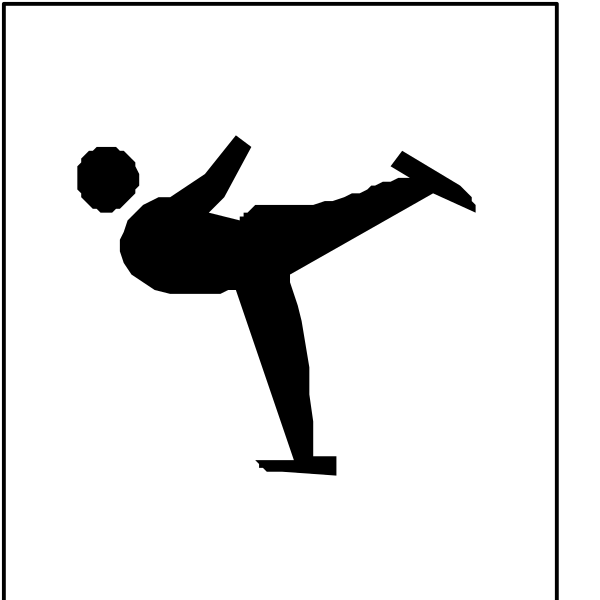 The black and white silhouette of a person performing an action that resembles kicking with their leg raised high while standing on one foot in front of another figure which appears to be holding onto something like a pole, possibly indicating balance or support for this kick-like motion.