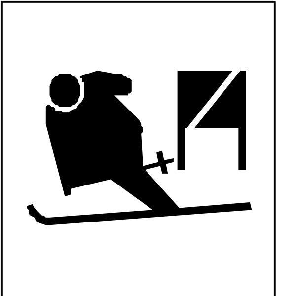 The black and white icon depicts a person on skis with their legs crossed over each other while holding ski poles in front of them; there is also an image of what appears to be a cross-country skiing trail map, suggesting that this sign might indicate directions or information about the area for winter sports.