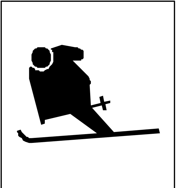 The black and white icon shows a person skiing downhill with their arms outstretched for balance; below them is an image of two crossed skis on top of each other forming a cross shape.