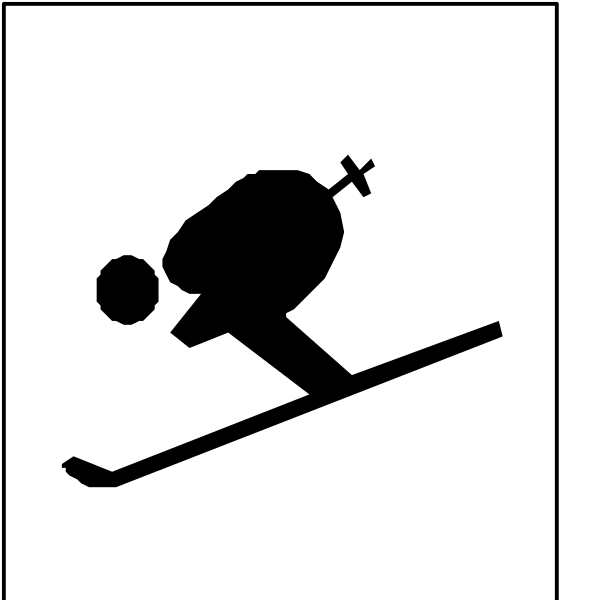 The black and white icon depicts a skier on downhill skiis with an emblem of a cross above them in front of what appears to be snow-covered mountains under clear blue sky conditions.